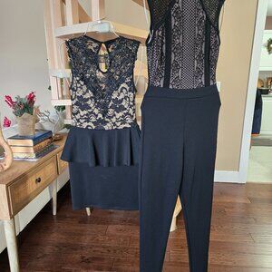 Sleeveless black laced jumpsuit. Sleeveless laced peplum dress skirt.